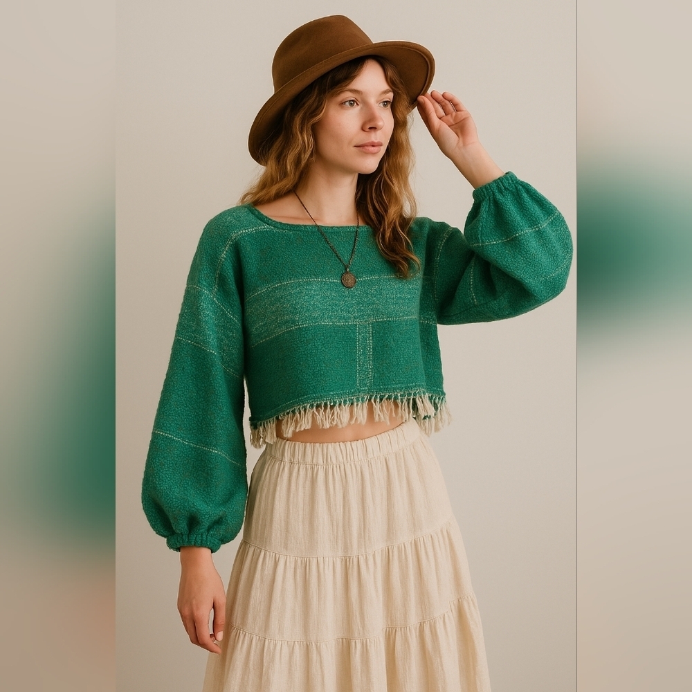 Vintage-Style Cropped Woven‎ Pullover Green Gray White Fringe Hem Size S/M